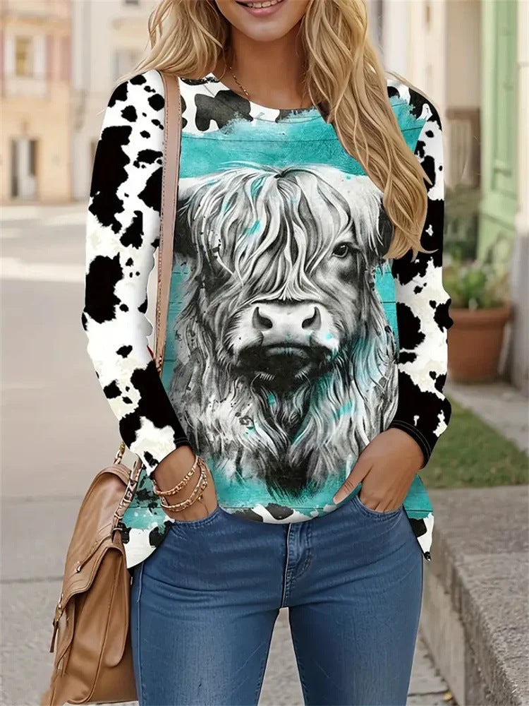 Retro Casual 3D Digital-Print Fashion Womens Crew-Neck T-Shirt Top