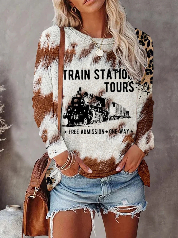 Retro Casual 3D Digital-Print Fashion Womens Crew-Neck T-Shirt Top