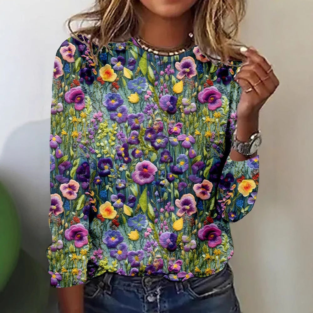 Retro Casual 3D Digital-Print Fashion Womens Crew-Neck T-Shirt Top