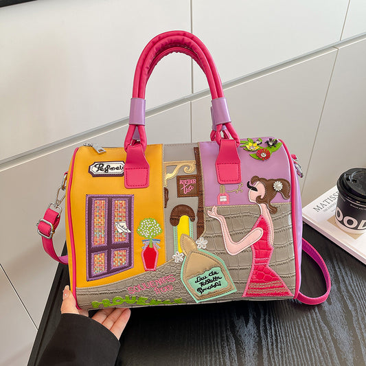 Boston Bag With Embroidered Patchwork Design